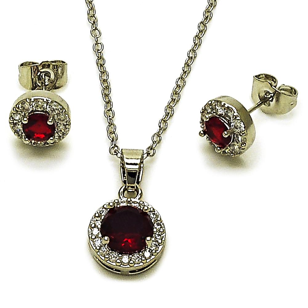 Cadena con aretes en piedra rubí oro laminado alta calidad