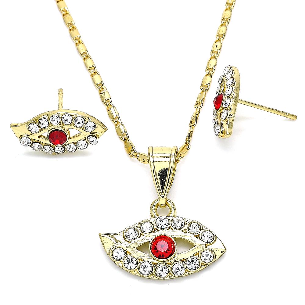 Set de aretes y cadena de ojito rojo.